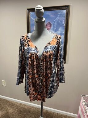 Lucky Brand Blue and Orange Printed Peasant Tunic